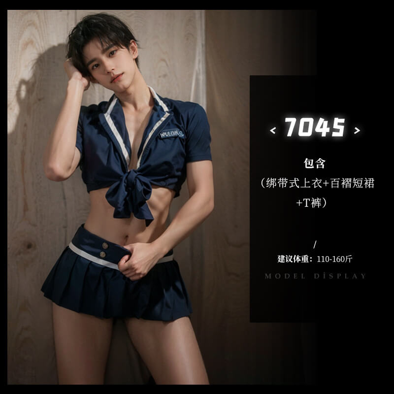 ◆7045◆藍【綁帶式上衣+百褶短裙+T褲】